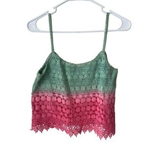 En Creme Green Pink Floral Crochet Lace Ombre Camisole Tank Top Medium